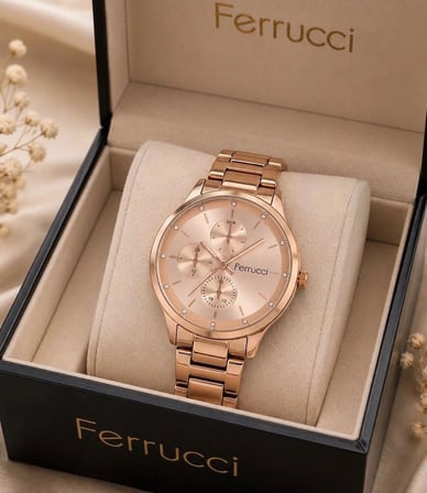 Ferrucci Spor Model Rosegold Çelik Kordon ve Kasa Kadın Kol Saati+Bileklik Hediye