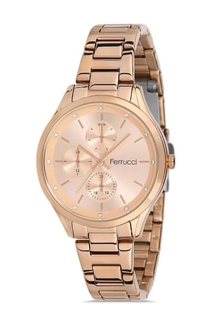 Ferrucci Spor Model Rosegold Çelik Kordon ve Kasa Kadın Kol Saati+Bileklik Hediye