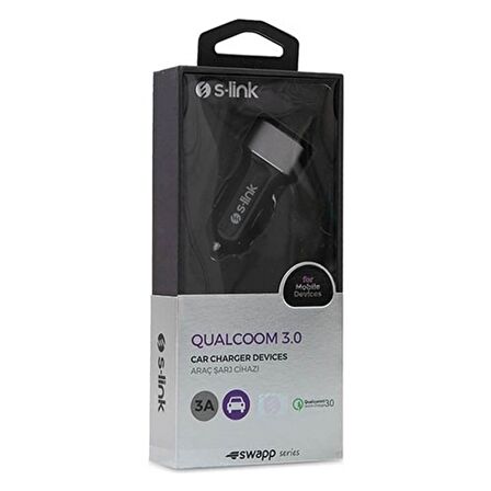 S-link Swapp SW-QAC38M Qualcomm 3.0 Hızlı Metal Araç Şarj Cihazı - Siyah