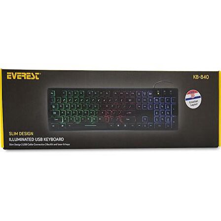 Everest KB-840 Siyah , Aydınlatmalı USB US Layout Standart Klavye