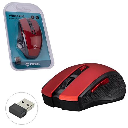 MOUSE KABLOSUZ WIRELESS 2.4GHZ 1600DPI KIRMIZI EVEREST SMW-777