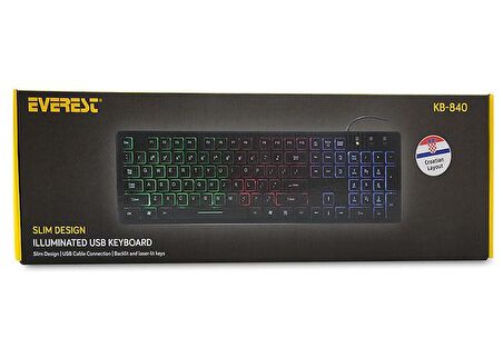 Everest KB-840 Siyah Renk Aydınlatmalı USB LC Hırvatça Slim Klavye