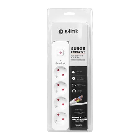 S-link SPG401S 1.5m 1.5mm Bakir 750 Joule 4 lü Anahtarli Akim Korumali Priz