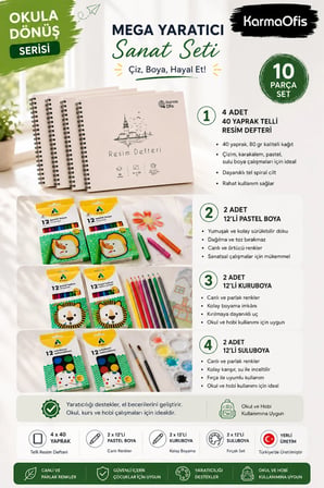 Mega Yaratıcı Sanat Seti | 4 Adet 40 Yaprak Resim Defteri + 2'li Kuruboya + 2'li Pastel Boya + 2'li Suluboya | 10 Parça Okula Dönüş Seti