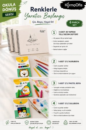 Okula Dönüş Sanat Seti | 3 Adet 40 Yaprak Resim Defteri + 12'li Kuruboya + 12'li Pastel Boya + 12'li Suluboya