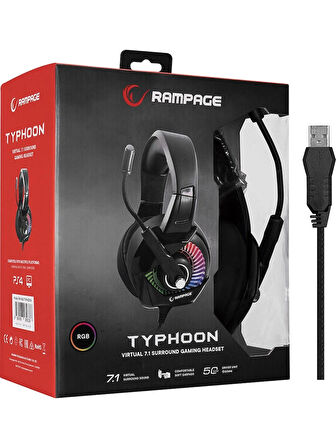 Rampage RM-K66 TYPHOON Siyah USB 7.1 Version RGB Ledli Gaming Oyuncu Mikrofonlu Kulaklık(OUTLET)