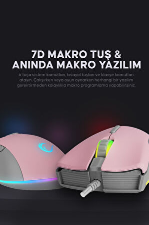 Rampage SMX-R21 Compact Usb Pembe Rgb Ledli Makrolu Drag Click Oyuncu Mouse Pembe