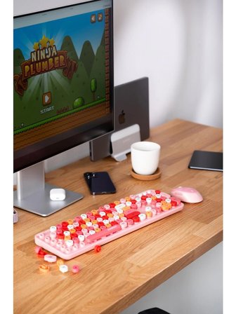ROUND KM-6282 Renkli Tuşlu Pembe Kablosuz Q Multimedia Klavye + Mouse Set