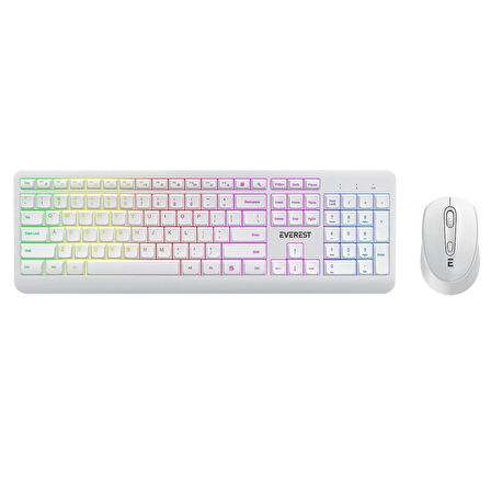 Everest KM-1500 Beyaz Kablosuz Rainbow Aydınlatmalı Q Multimedia Klavye + Mouse Set