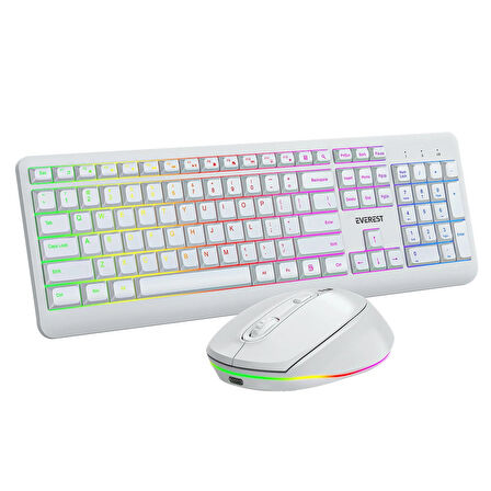 Everest KM-1500 Beyaz Kablosuz Rainbow Aydınlatmalı Q Multimedia Klavye + Mouse Set
