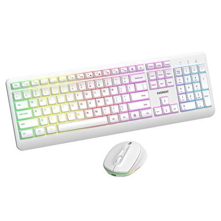 Everest KM-1500 Beyaz Kablosuz Rainbow Aydınlatmalı Q Multimedia Klavye + Mouse Set