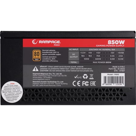 P850 850W Apfc 14CM Long Life Hdb Fan 80 Plus Gold Sertifikalı Gaming Power Supply
