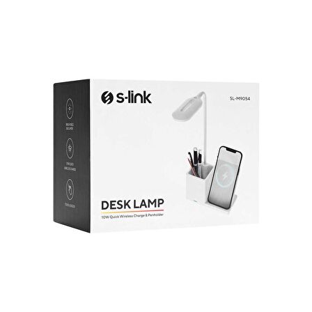 S-link SL-M9054 Type-C 10W Kablosuz Şarj Cihazı Kalemlikli Beyaz Masa Lambası