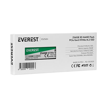 Everest Hdd Ssd M2 Nvme 256Gb Es256 2500/1800Mb/S 3D Nand Pcıe Gen3