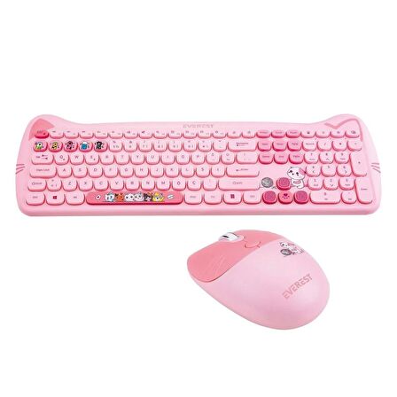 Everest KM-6283 Catty Renkli Tuşlu Pembe Kablosuz Q Multimedia Klavye + Mouse + Pad Set