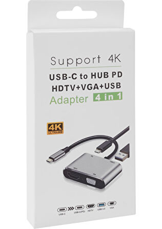 Hytech Destekli 4k Usb-C - Hdtv + Vga + Usb - Tip C Adaptör 4'ü 1 Arada Hy-Usbc22