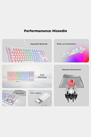 Claw Type-C Bağlantılı TKL Red Switch Mekanik Rainbow Antighosting Türkçe Q Gaming Oyuncu Klavyesi Beyaz