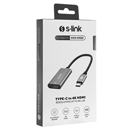 S-link SWV-USBC028 4K@30Hz Gri Metal Type-C to HDMI Adaptör