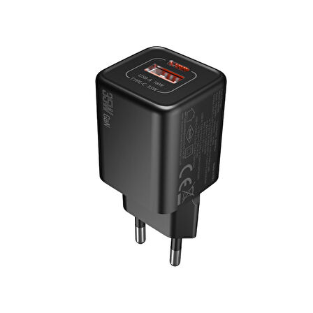 Hytech HY-XEG35 Type USB-C 35W PD + 18W USB QC 3.0 GAN PD/PPS Siyah Hızlı Ev Şarj Adaptörü