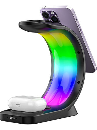 S-link SL-CW20 Telefon, Saat, Kulaklık Uyumlu 15W Siyah RGB Kablosuz Şarj Cihazı