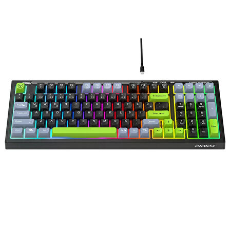 Everest KB-98 Silent Sessiz Rainbow Türkçe Q Klavye Membrane Oyuncu Klavyesi Gaming Klavye Siyah/Gri