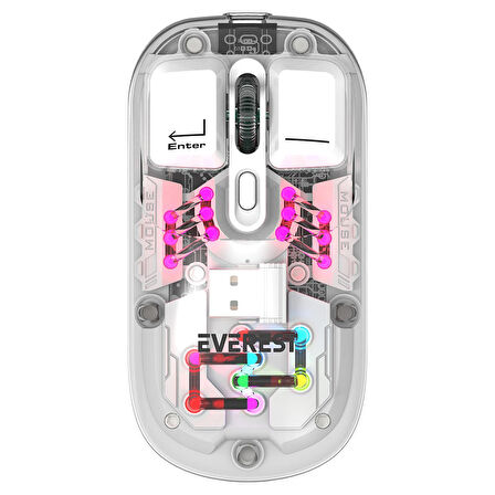Everest SM-BT89 OPAL Şarj Edilebilir Sessiz Beyaz Transparan RGB 2in1 2BT ve 2.4GHz Kablosuz Mouse