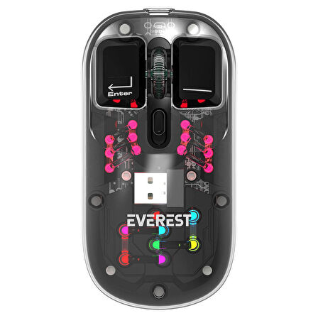 Everest SM-BT89 OPAL Şarj Edilebilir Sessiz Siyah Transparan RGB 2in1 2BT ve 2.4GHz Kablosuz Mouse