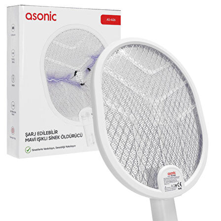 Ayt Asonic AS-A26 1200mAh 3000V Çıkış UV Işıklı Şarjli Katlanabilir Askılı Raket Sinek Öldürücü Sivrisinek Cız Mor Işık