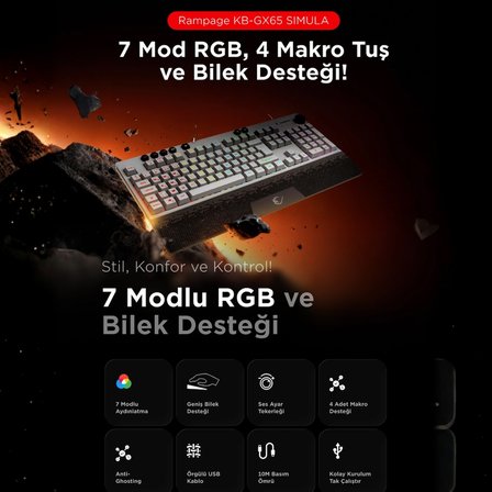 KB-GX65 SIMULA Beyaz USB RGB Aydınlatmalı 4 Makro Tuşlu Bilek Destekli Gaming Oyuncu Klavyesi