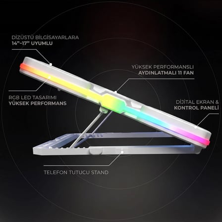 S50 Glacier RGB Işıklı 11 Fanlı LCD Göstergeli 1 Type C 1 Usb Girişli Yükselebilen Notebook Soğutucu