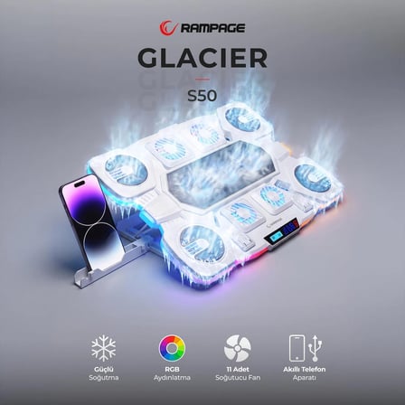S50 Glacier RGB Işıklı 11 Fanlı LCD Göstergeli 1 Type C 1 Usb Girişli Yükselebilen Notebook Soğutucu