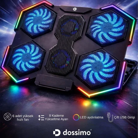 Dossimo Nitro RGB Ledli 6 Fanlı 2 USB Girişli Yükselebilen Notebook Soğutucu S21