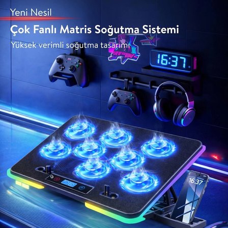 Nitro RGB Işıklı 8 Fanlı LCD Göstergeli 2 Usb Girişli Yükselebilen Notebook Soğutucu S23