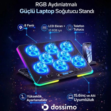 Nitro RGB Işıklı 8 Fanlı LCD Göstergeli 2 Usb Girişli Yükselebilen Notebook Soğutucu S23