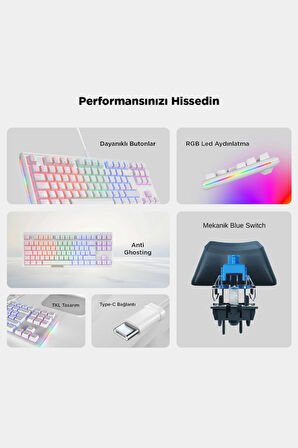 Claw Type-C Bağlantılı TKL Blue Switch Mekanik Rainbow Antighosting Türkçe Q Gaming Oyuncu Klavyesi Beyaz