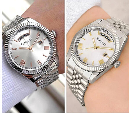 Gün ve Tarih Takvimli Jübile Kordon Çelik Sevgili Çift Kol Saat+Bileklik Hediyeli