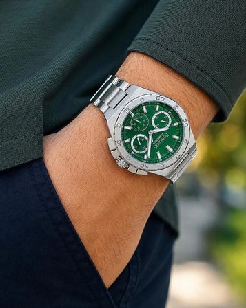 Ferrucci Erkek Kol Saati Yeşil Kadran Gümüş Çelik Kordon Mineral Cam Quartz Mekanizma 41-45 mm