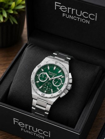Ferrucci Erkek Kol Saati Yeşil Kadran Gümüş Çelik Kordon Mineral Cam Quartz Mekanizma 41-45 mm