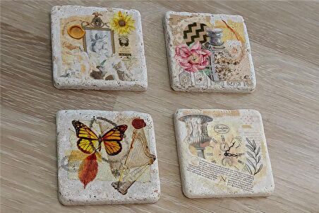 Vintage Kelebekli Kolaj Doğal Taş Bardak Altlığı 4'lü set - Natural Stone Coasters