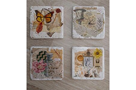 Vintage Kelebekli Kolaj Doğal Taş Bardak Altlığı 4'lü set - Natural Stone Coasters