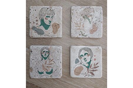 Line Art Heykel Portre Doğal Taş Bardak Altlığı 4'lü set - Natural Stone Coasters