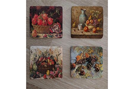 Natürmort Meyveler Doğal Taş Bardak Altlığı 4'lü set - Natural Stone Coasters