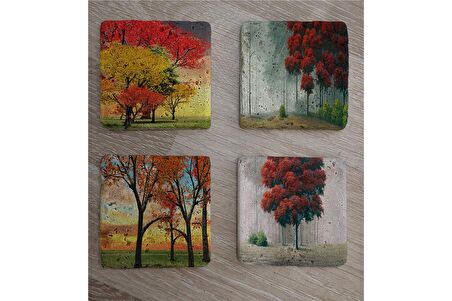 Kırmızı Ağaçlar Doğal Taş Bardak Altlığı 4'lü set - Natural Stone Coasters