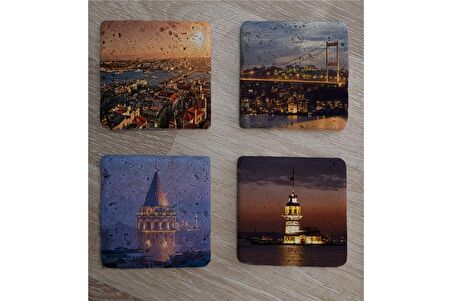 İstanbul Manzaraları Doğal Taş Bardak Altlığı 4'lü set - Natural Stone Coasters