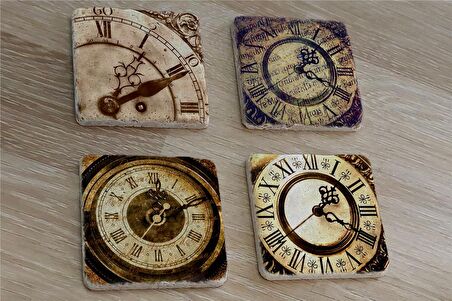 Roma Rakamlı Saatler Doğal Taş Bardak Altlığı 4'lü set - Natural Stone Coasters