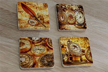 Köstekli Saatler Doğal Taş Bardak Altlığı 4'lü set - Natural Stone Coasters