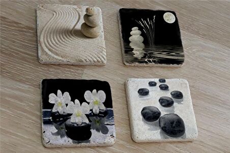 Spa Taşları ve Kiraz Çiçeği Doğal Taş Bardak Altlığı 4'lü set - Natural Stone Coasters