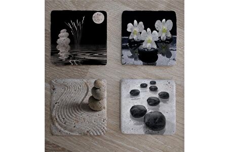 Spa Taşları ve Kiraz Çiçeği Doğal Taş Bardak Altlığı 4'lü set - Natural Stone Coasters