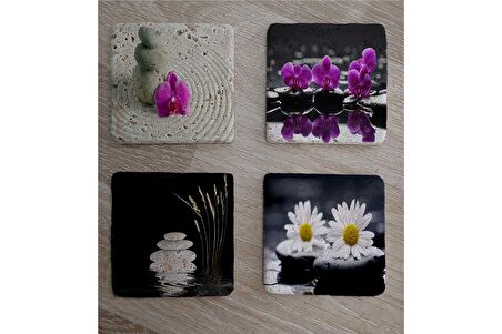 Spa Taşları Papatya ve Orkide Doğal Taş Bardak Altlığı 4'lü set - Natural Stone Coasters
