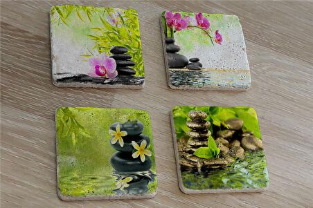 Spa Taşları ve Orkide Doğal Taş Bardak Altlığı 4'lü set - Natural Stone Coasters